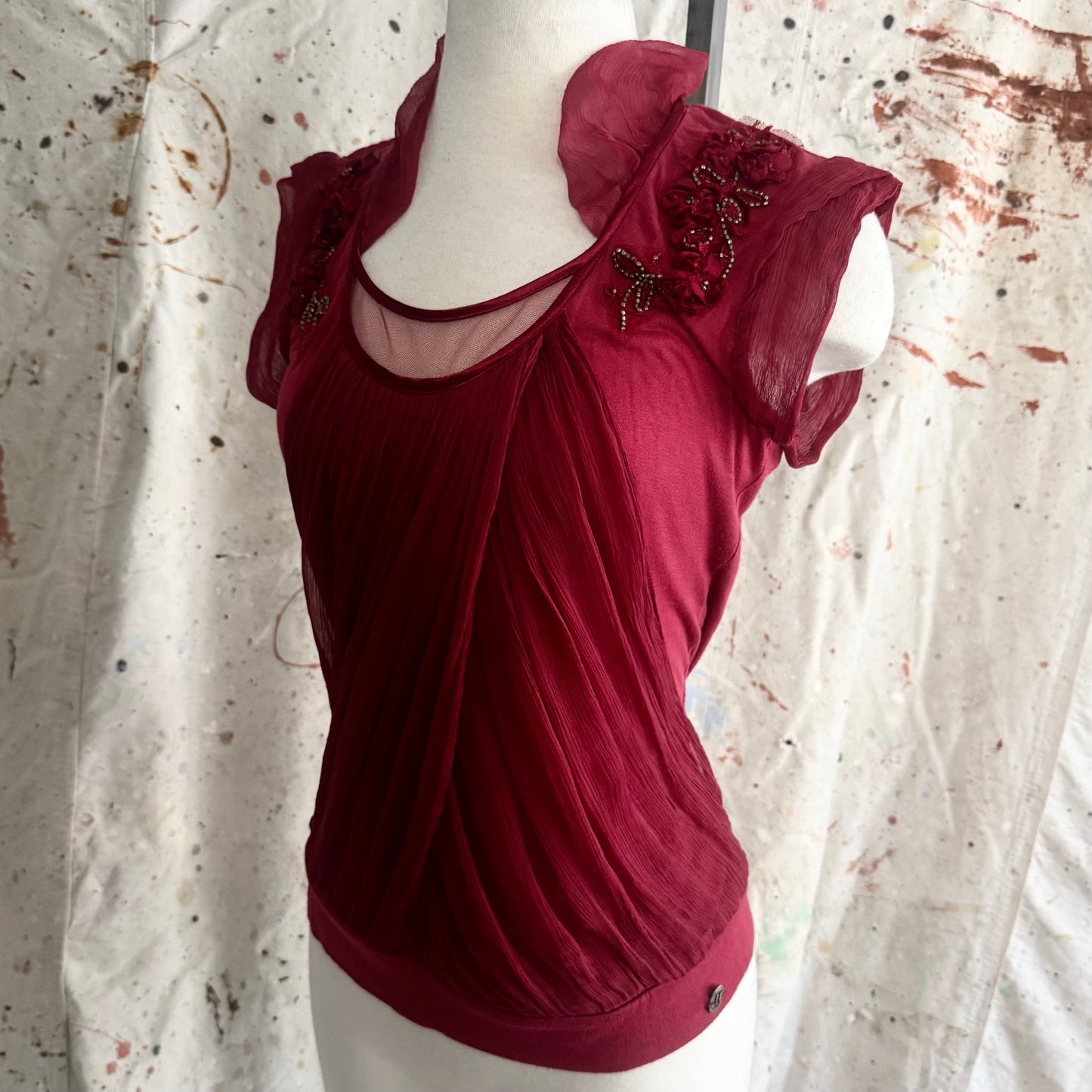 2000s JOHN GALLIANO BURGUNDY MESH TULLE BEADED FLOWER CREPE SILK TOP