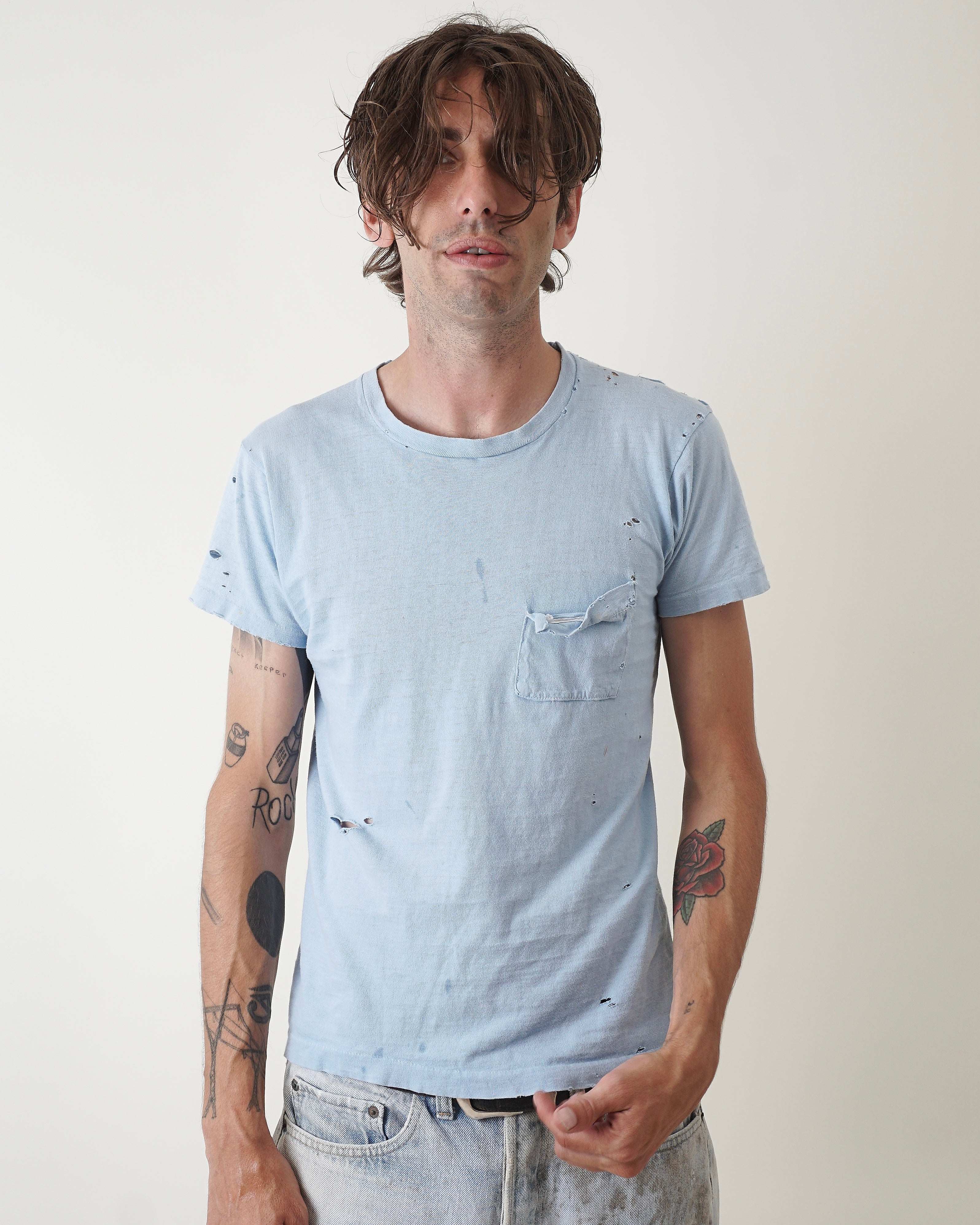 1950s Baby Blue Distressed Pocket Tee