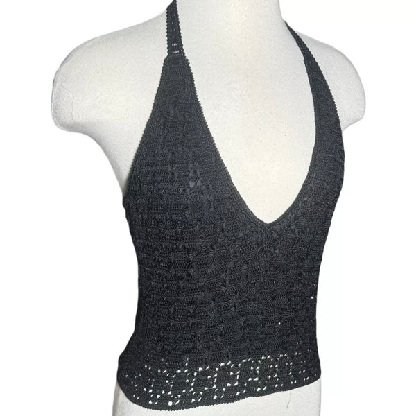 1990s BEADED BLACK CROCHET HALTER TOP