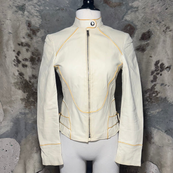 2000s GUCCI IVORY LEATHER MOTORCYCLE BUCKLE JACKET