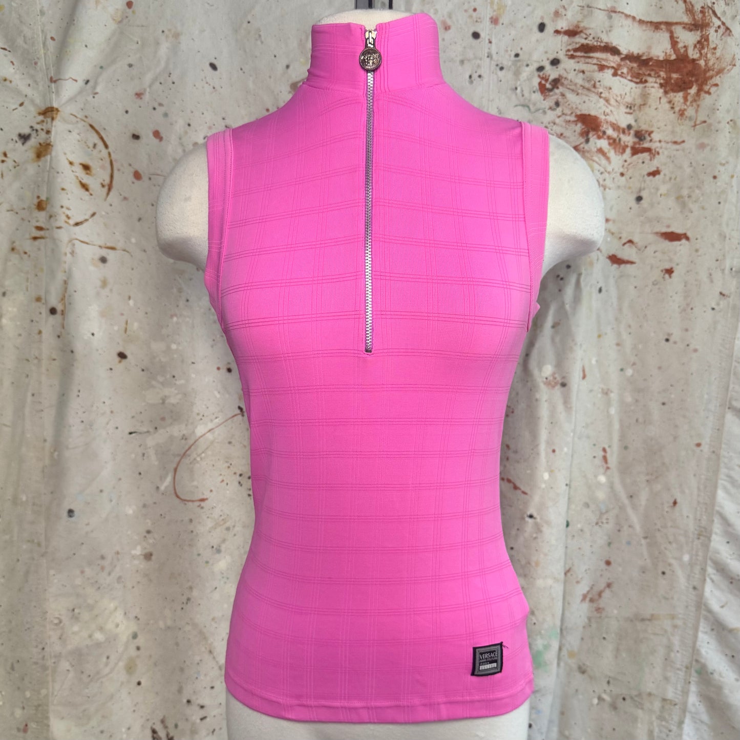 90s VERSACE JEANS COUTURE PINK MEDUSA HEAD RIBBED HALF ZIP TANK S