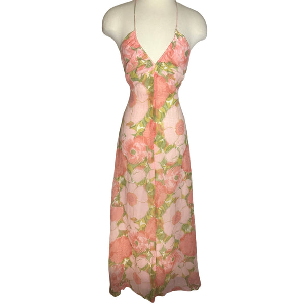 1970s Arjon California Pink floral halter maxi dress