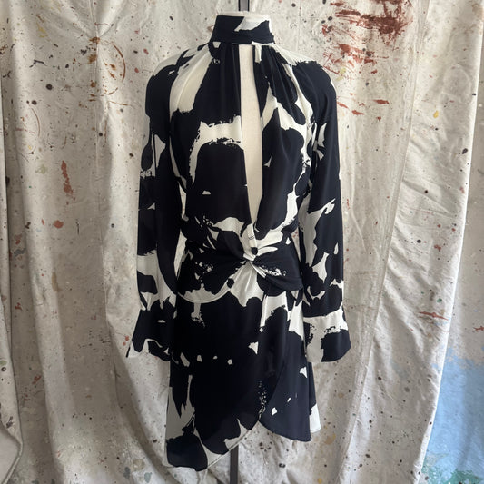 NINA RICCI BLACK WHITE ABSTRACT PRINT SILK HIGH NECK KEYHOLE DRESS 36