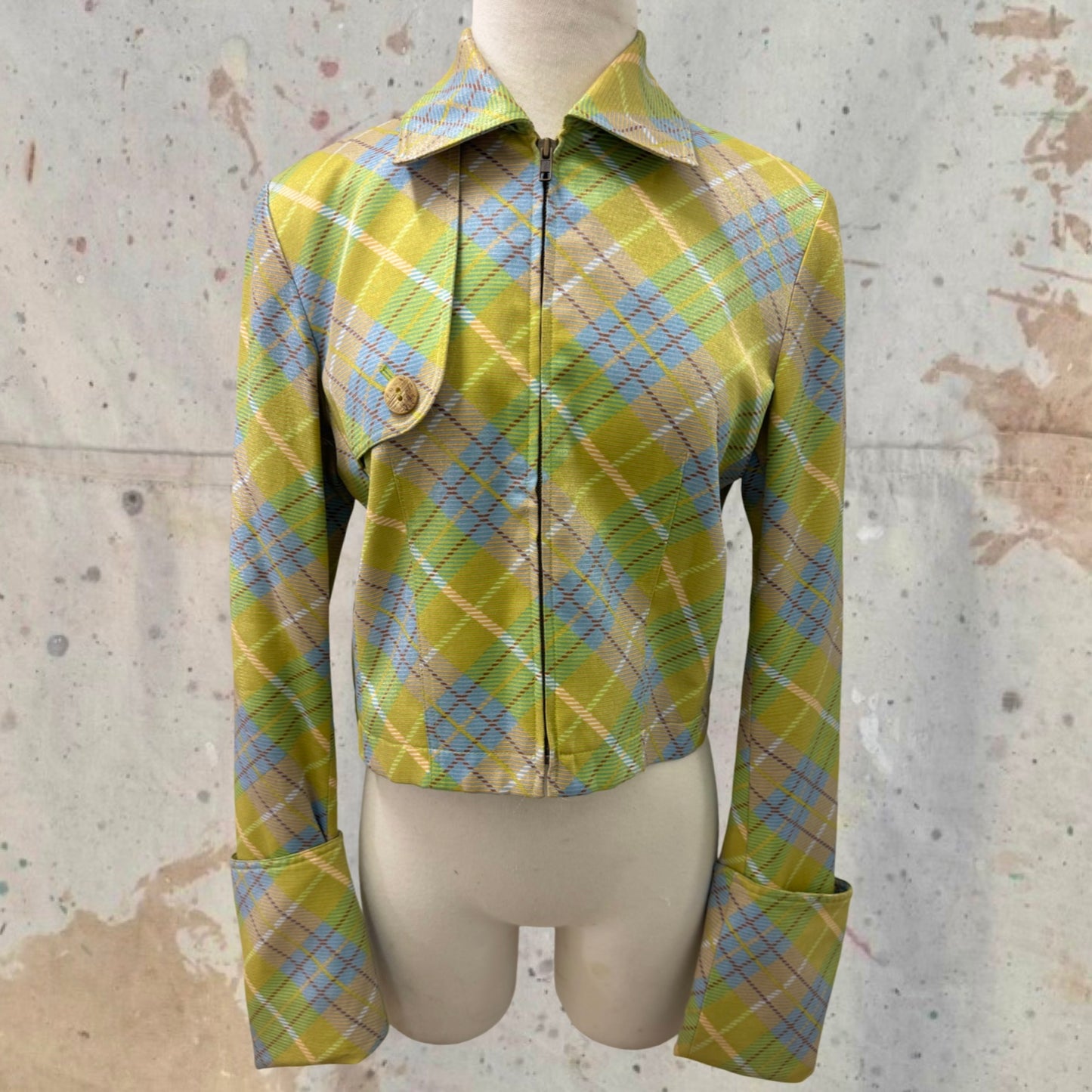 FW 2000 JOHN GALLIANO TARTAN PLAID EXTENDED SLEEVE CUFF ZIP COLLARED JACKET