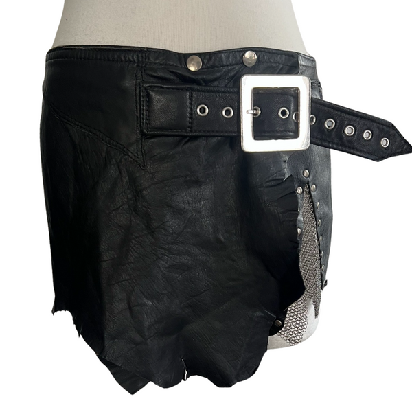 90S BLACK LAMBSKIN LEATHER CHAIN MAIL BUCKLE SKIRT