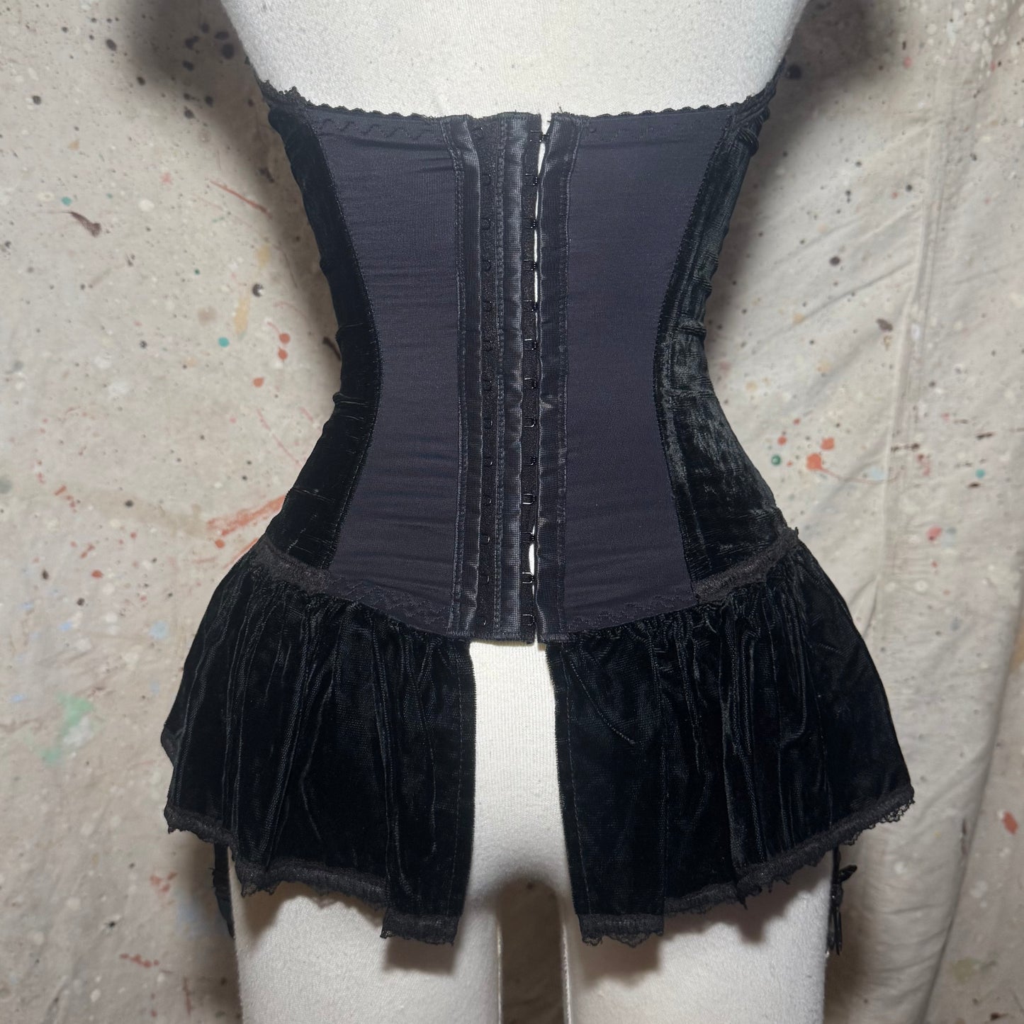 1990s TRASHY LINGERIE BLACK VELVET LACE FRILL FLOWER CORSET BUSTIER