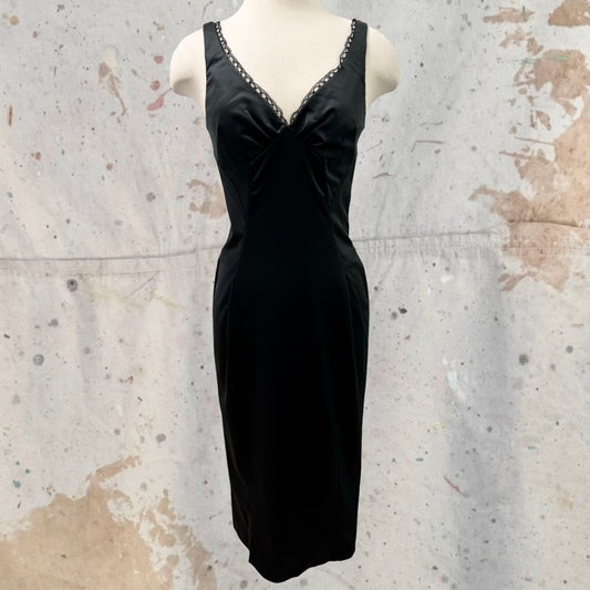 2000s DEADSTOCK D&G DOLCE & GABBANA SATIN BLACK LACE TRIM FITTED MIDI DRESS