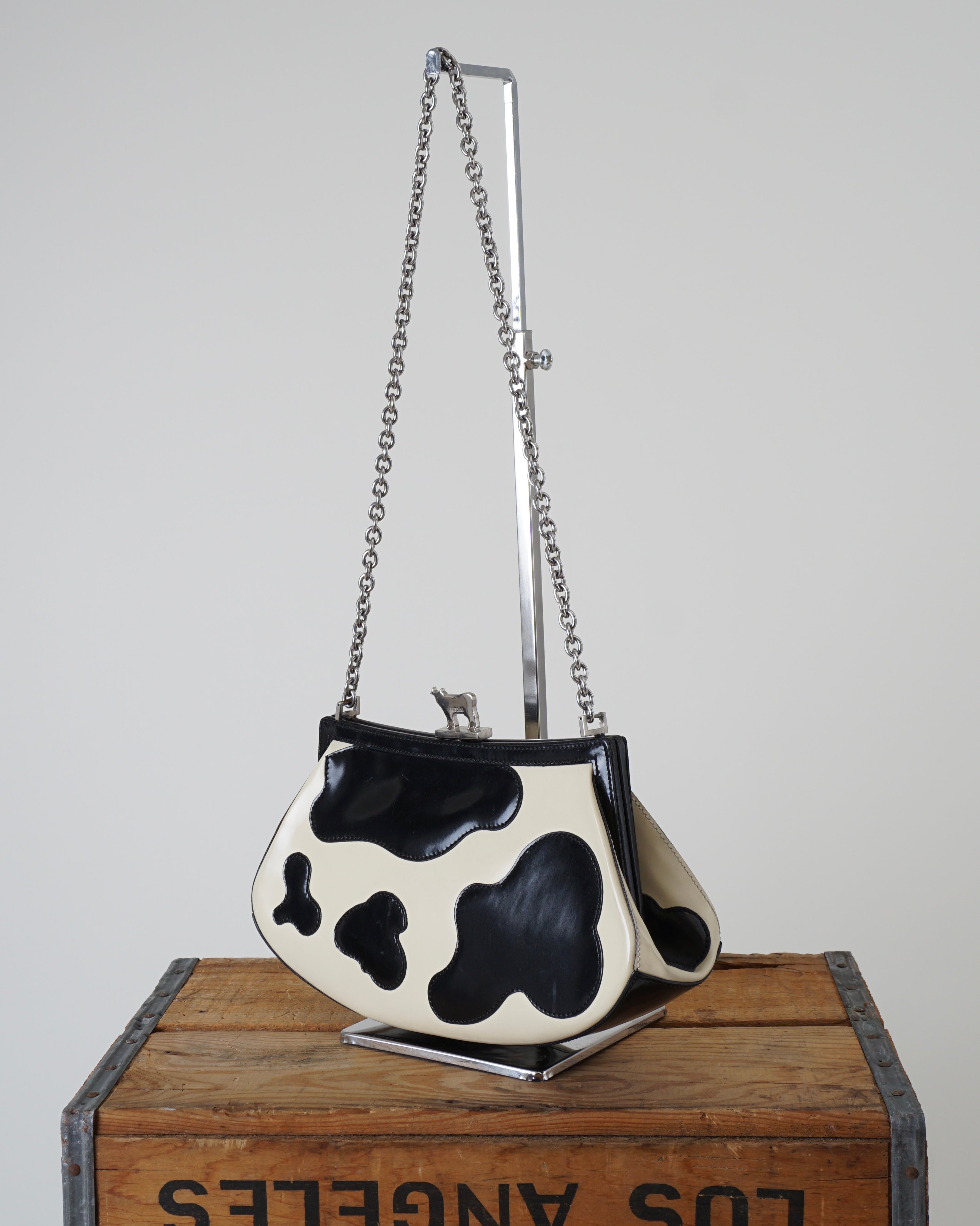 1990s Moschino Leather Kiss lock Cow Printed Bag