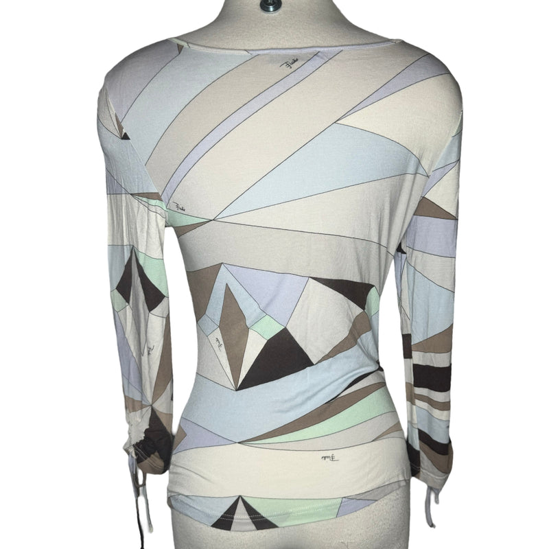 2000s EMILIO PUCCI ALL OVER PRINT KEYHOLE TIE LONG SLEEVE TOP