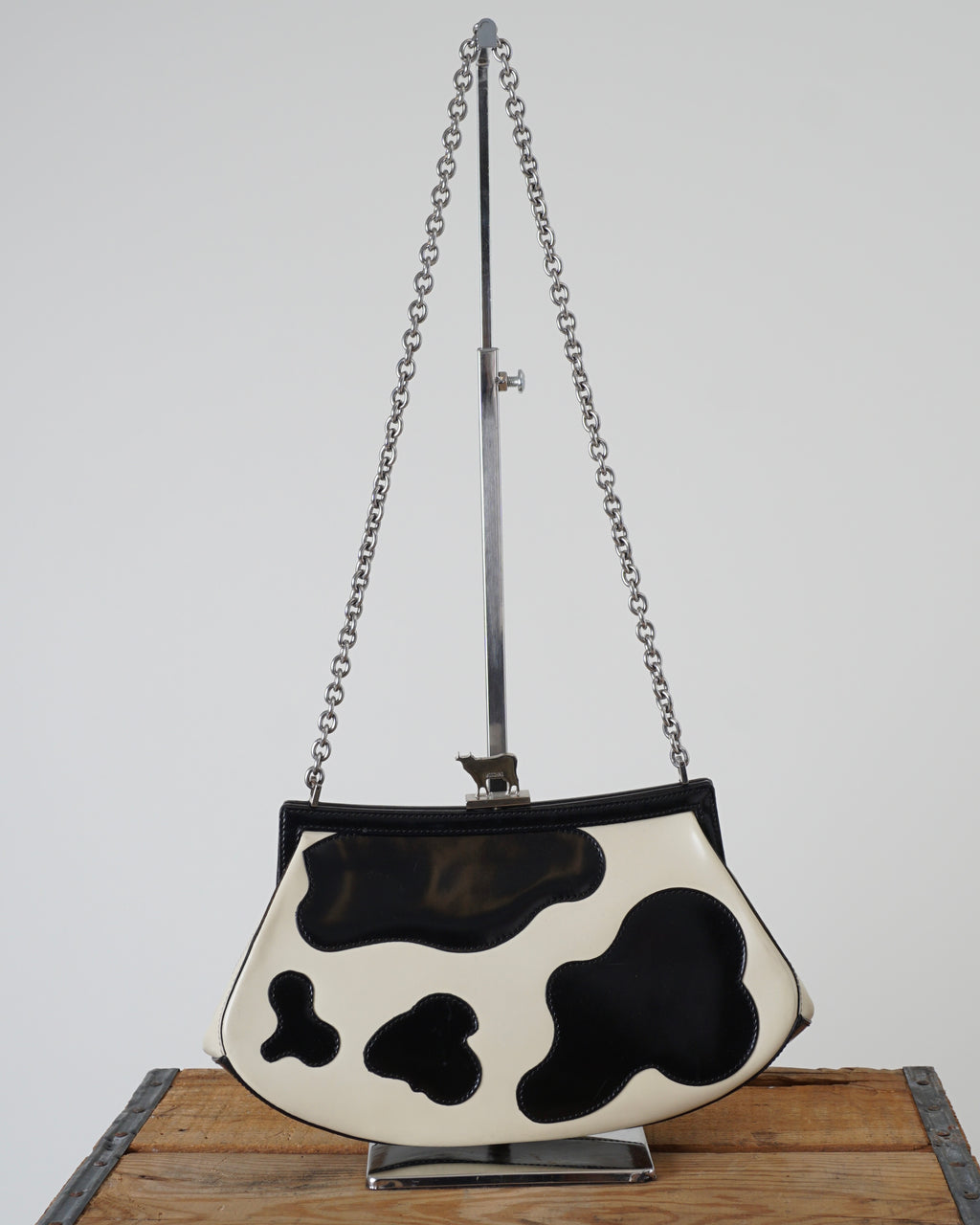 1990s Moschino Leather Kiss lock Cow Printed Bag