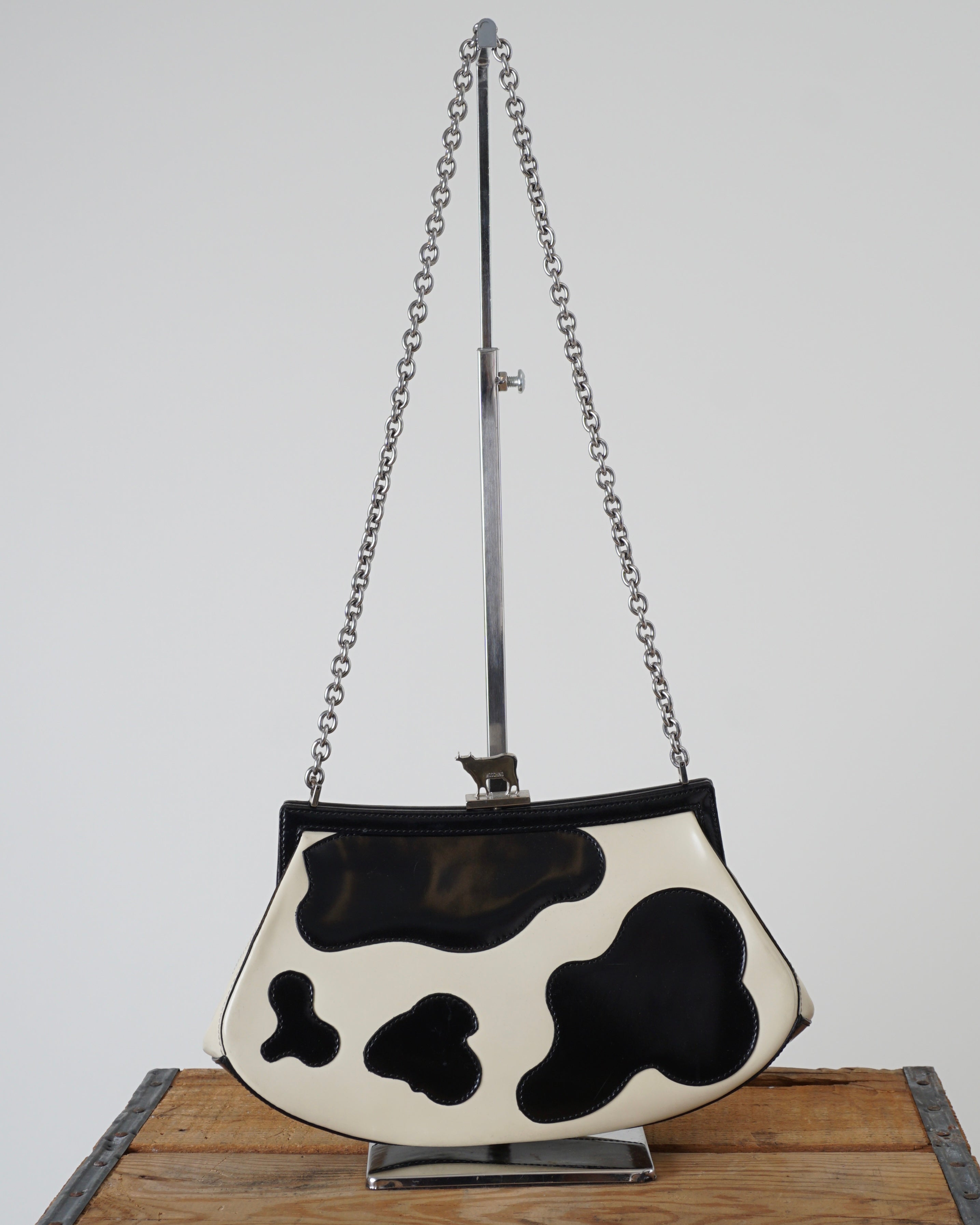 1990s Moschino Leather Kiss lock Cow Printed Bag
