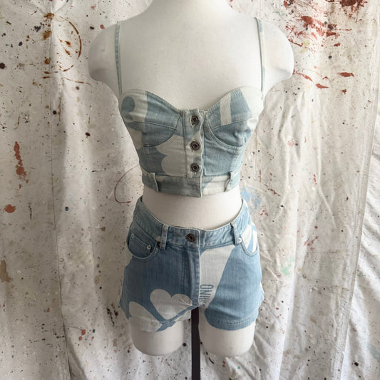MOSCHINO COUTURE SS 2015 RUNWAY PRINTED DENIM BUSTIER & SHORTS SET