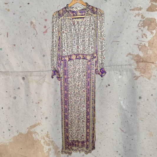 1970s RARE RAKSHA OF HINDIP LONDON SILK PESANT INDIAN PRINTED PURPLE DRESS