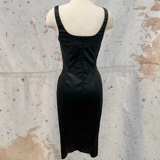 2000s DEADSTOCK D&G DOLCE & GABBANA SATIN BLACK LACE TRIM FITTED MIDI DRESS