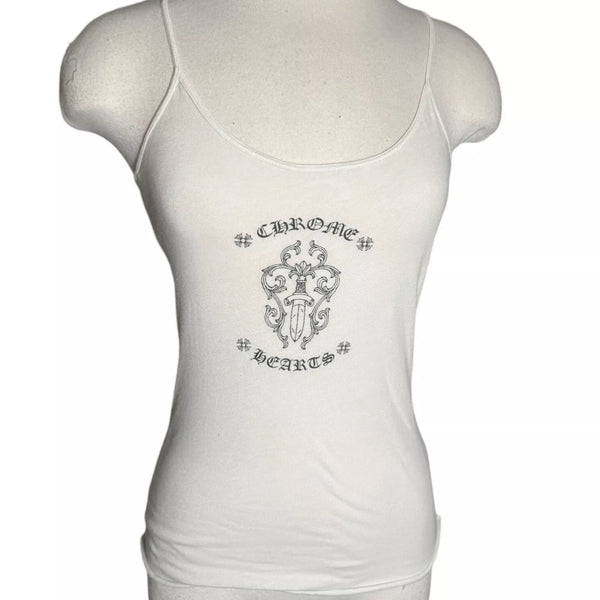 1990s CHROME HEARTS SPAGHETTI STRAP WHITE DAGGER LOGO TANK