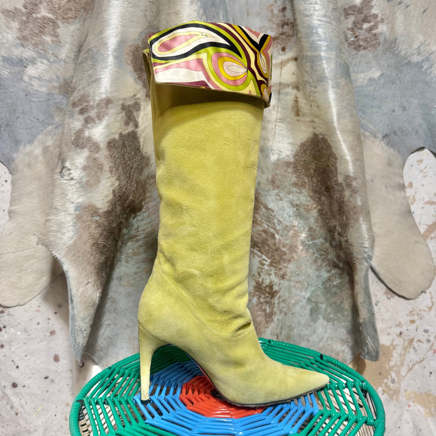 EMILIO PUCCI GREEN SUEDE FOLD OVER GEOMETRIC PRINT STILETTO BOOTS 39.5