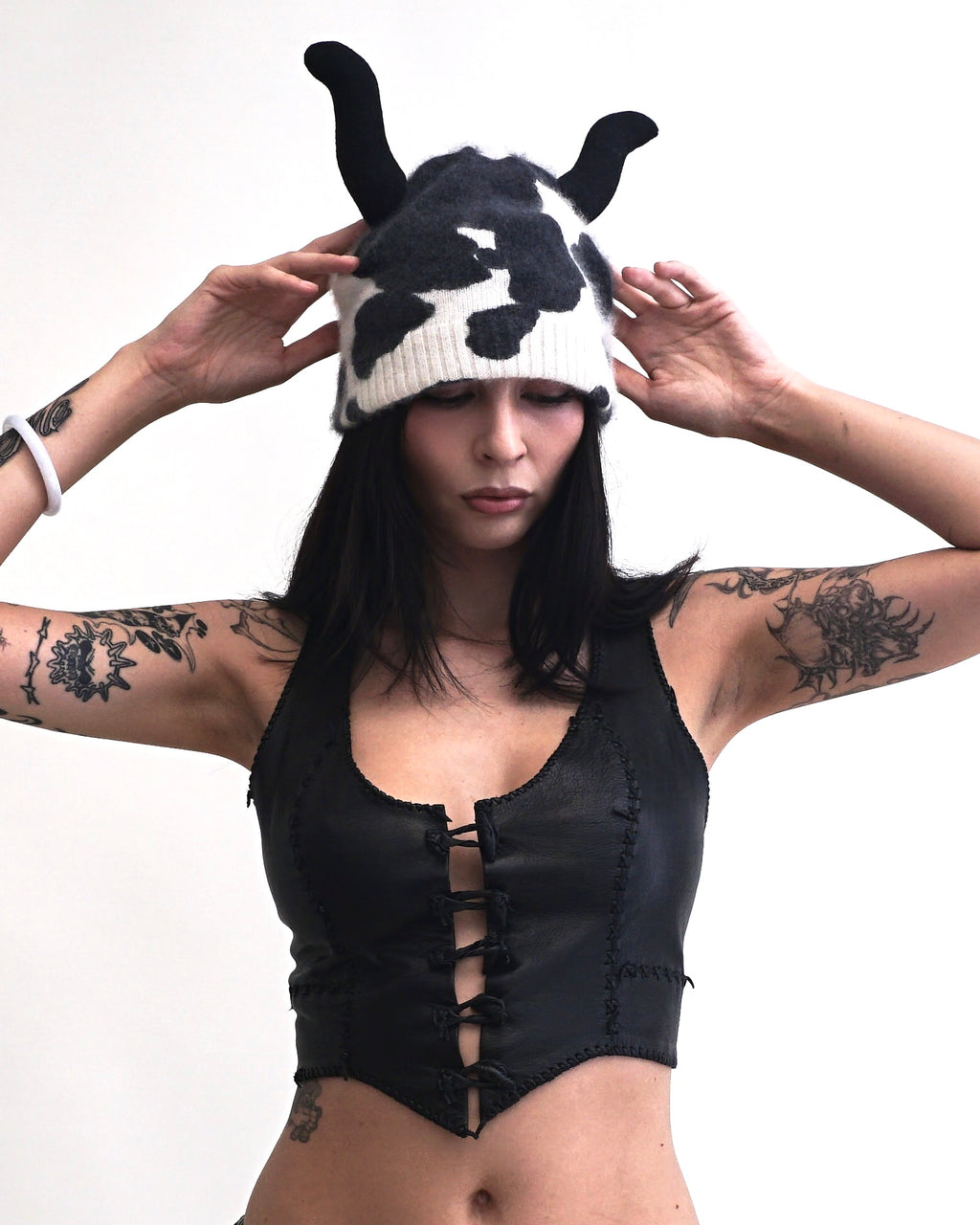 1993 Jean Paul Gaultier Maille Cow Printed Horn Beanie