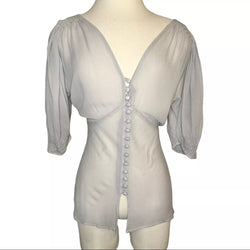 VINTAGE 1990s PIERRE CARDIN BUTTON SHEER BABY BLUE BLOUSE