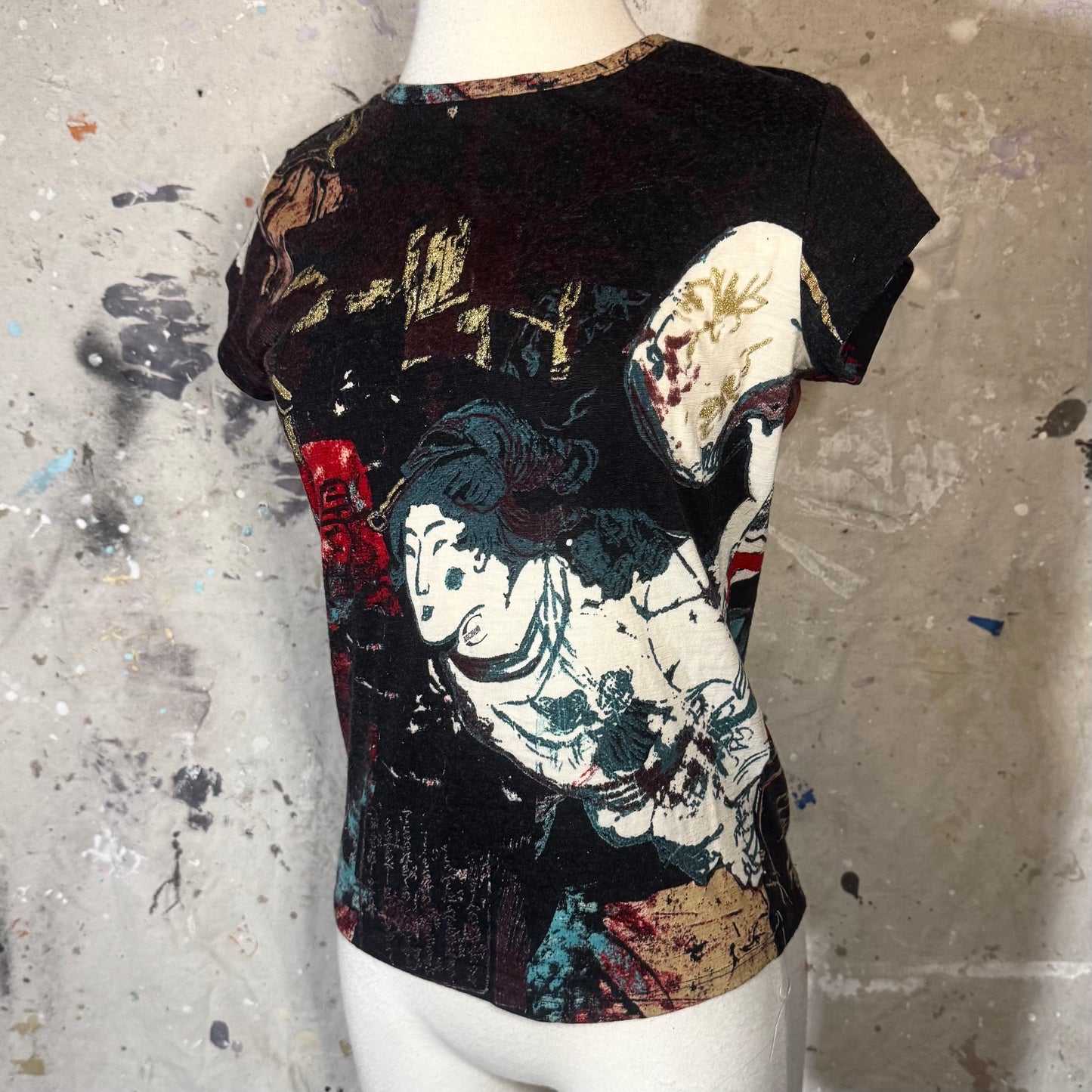 2000s ROBERTO CAVALLI KNIT GEISHA PRINT SHORT SLEEVE TOP