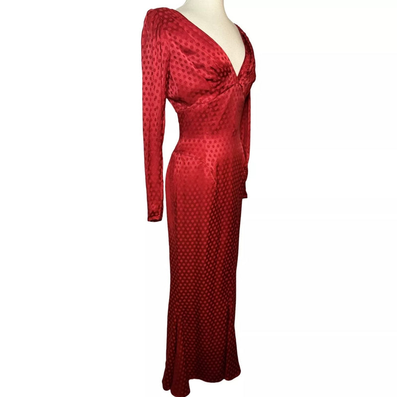 1985 EMANUEL UNGARO RUNWAY POLKA DOT CORSET LONG SLEEVE RED GOWN