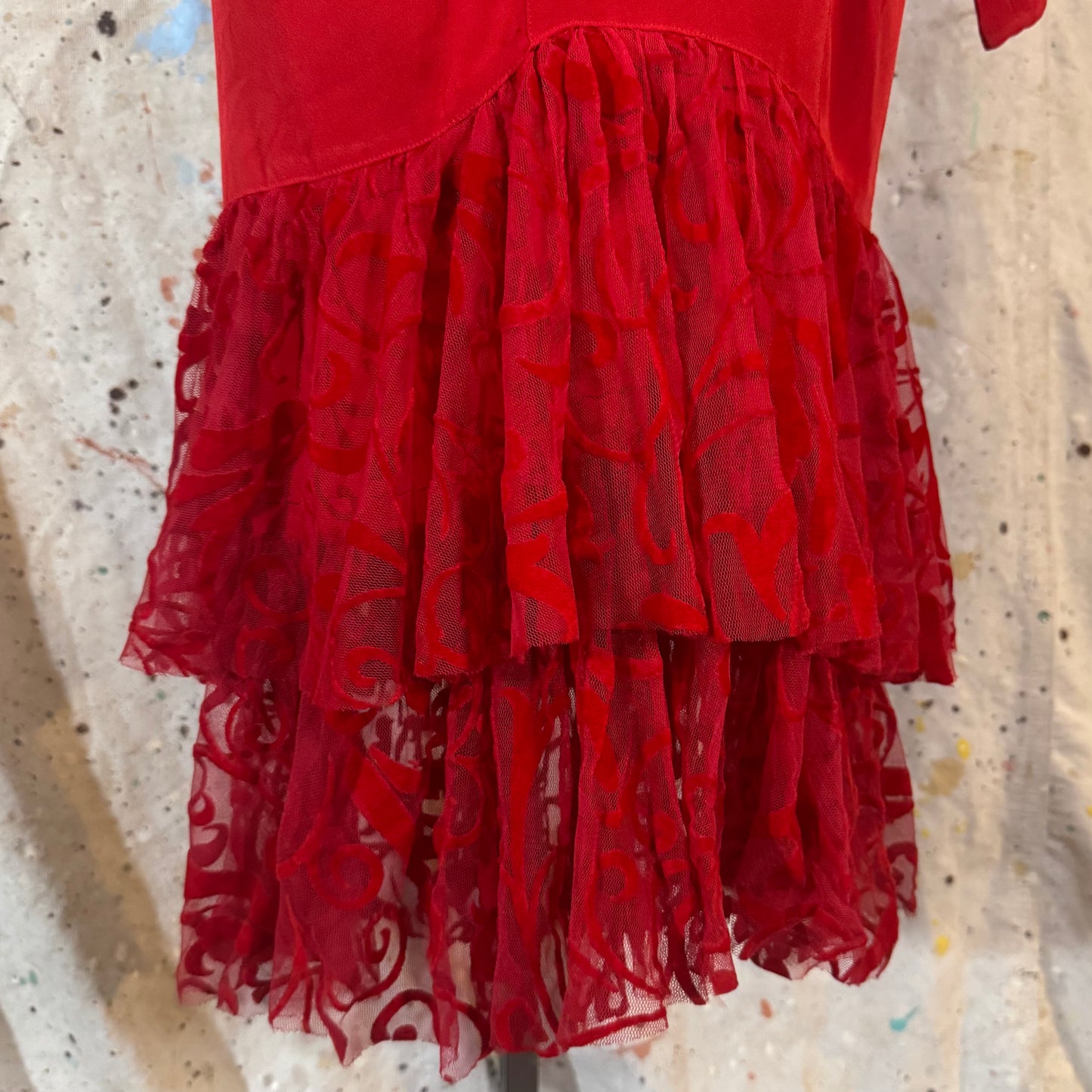 70s / 80s ITALIAN DESIGNER RED SILK LONG SLEEVE BACKLESS VELVET MERMAID TIERED HEM DRESS