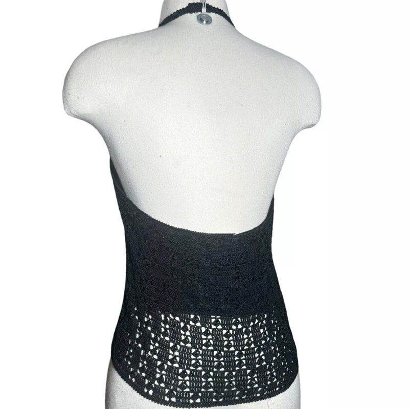 1990s BEADED BLACK CROCHET HALTER TOP