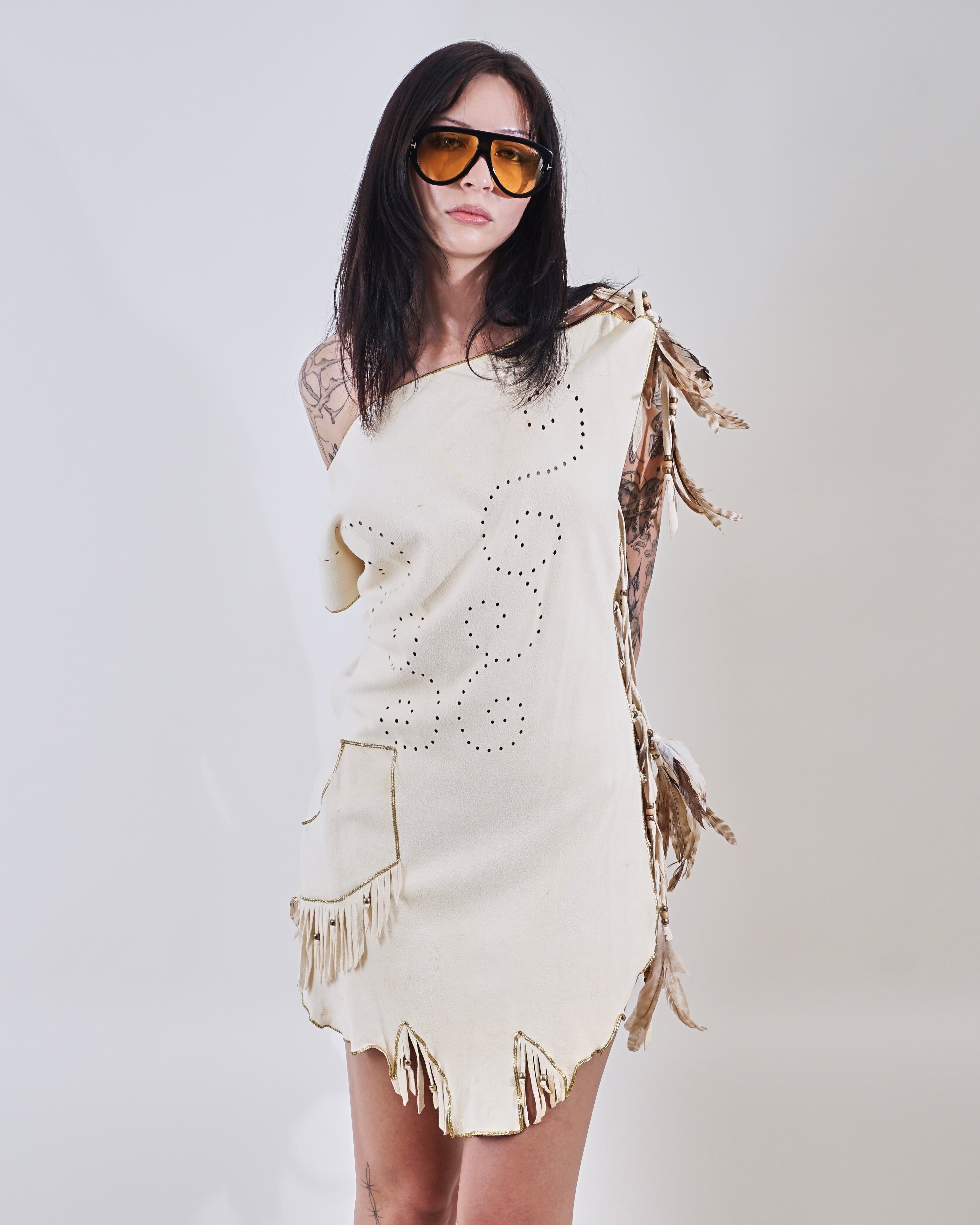 1980s open side tie feather lambskin dress