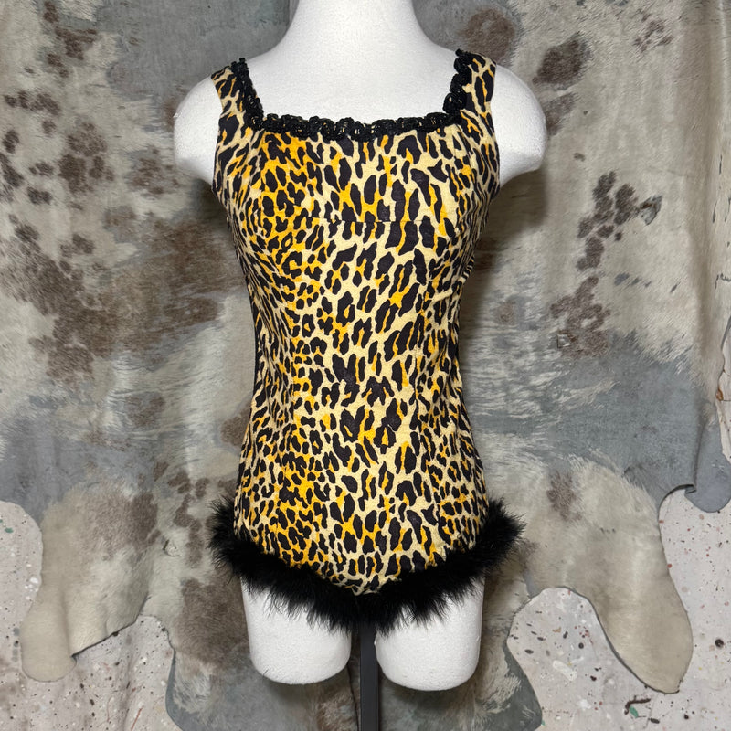 50s LEOPARD FEATHER DANCE COSTUME BODYSUIT