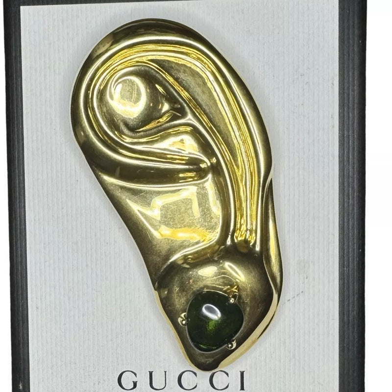 GUCCI ALESSANDRO MICHELE RUNWAY GOLD METAL SURREALIST EAR CLIP GREEN STONE