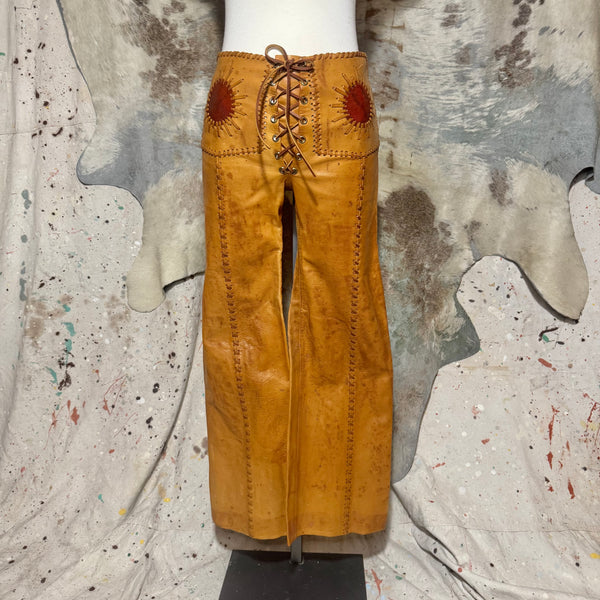 70s CHAR LEATHER WHIPSTITCH BELLBOTTOM LACE FRONT SUN PANTS