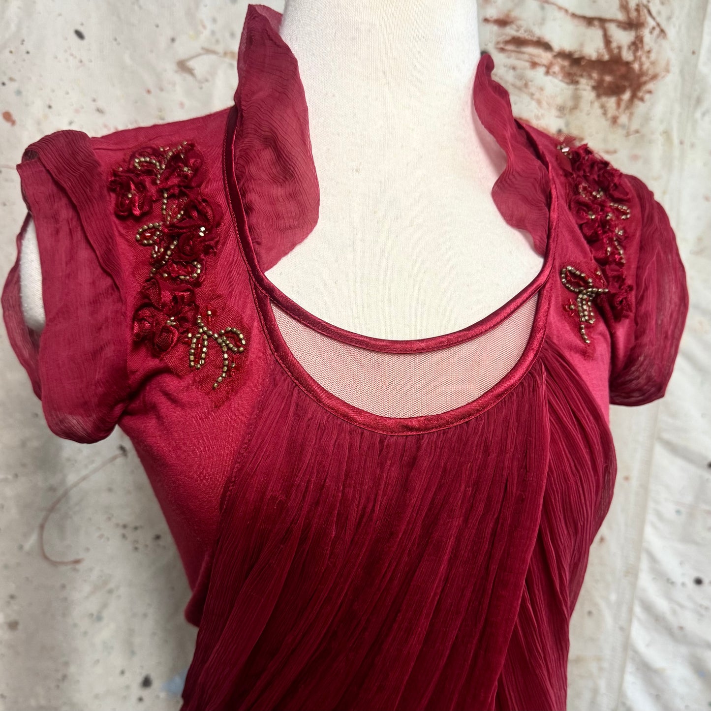 2000s JOHN GALLIANO BURGUNDY MESH TULLE BEADED FLOWER CREPE SILK TOP