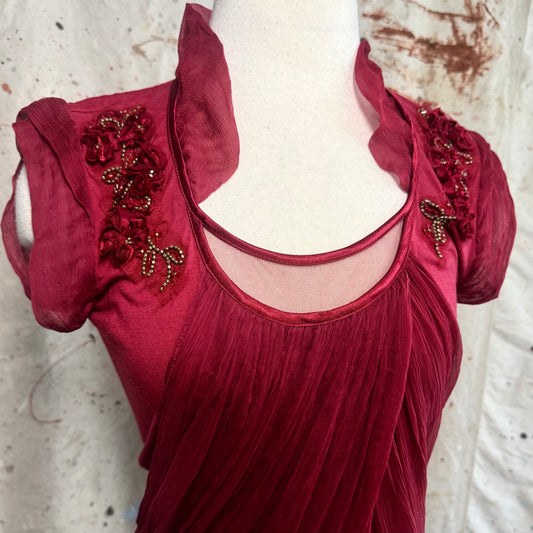 2000s JOHN GALLIANO BURGUNDY MESH TULLE BEADED FLOWER CREPE SILK TOP