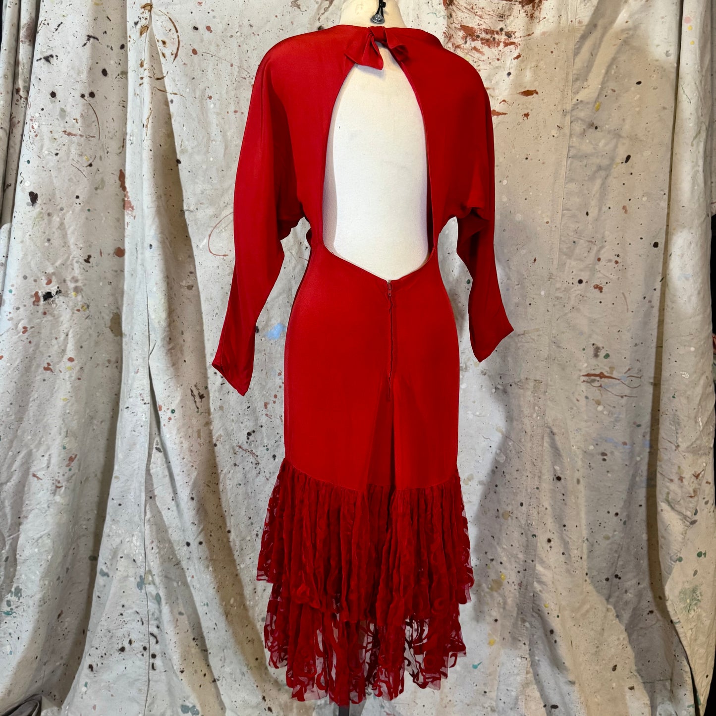 70s / 80s ITALIAN DESIGNER RED SILK LONG SLEEVE BACKLESS VELVET MERMAID TIERED HEM DRESS