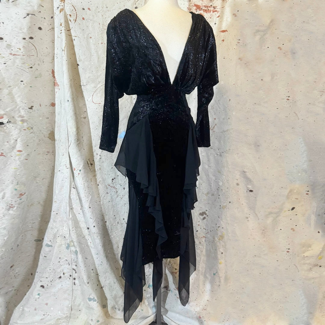 70s / 80s ITALIAN SILK GLITTER LONG SLEEVE LOW PLUNGING FRONT BACK SILK TIERED DRESS