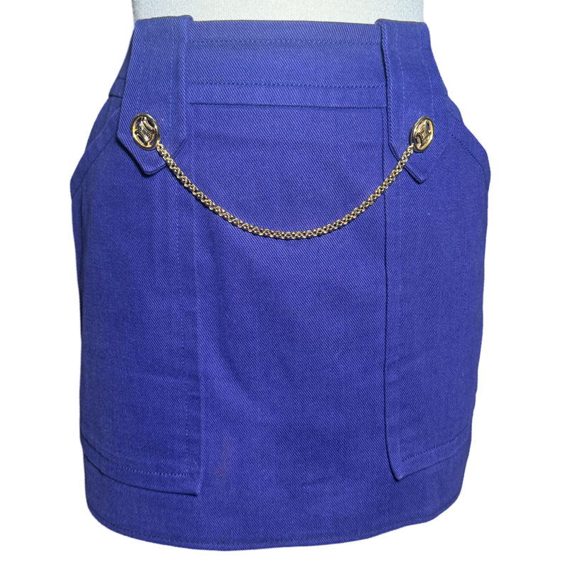 1970s CELINE GOLD CHAIN LOGO POCKET NAVY MINI SKIRT