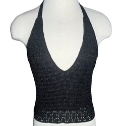 1990s BEADED BLACK CROCHET HALTER TOP