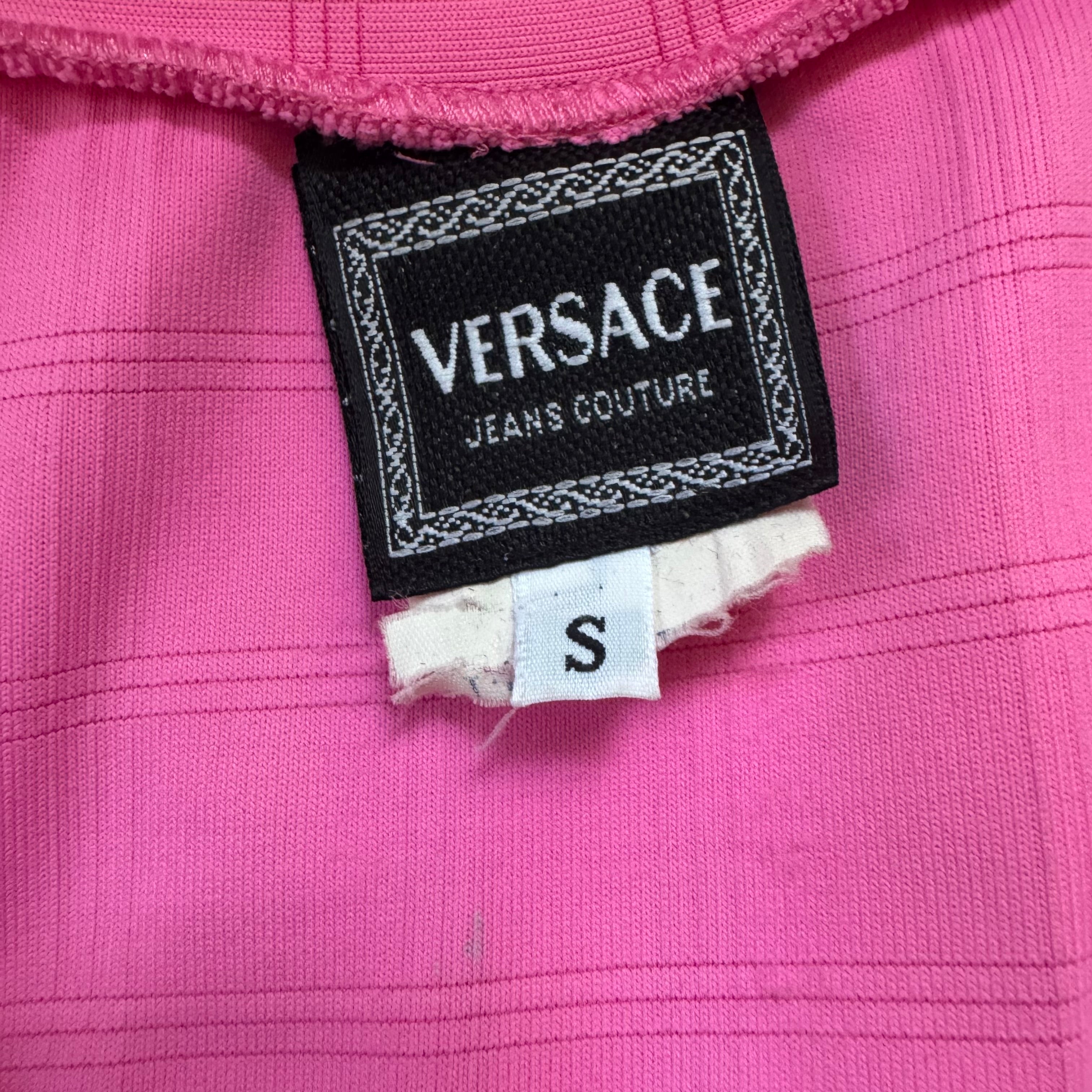 90s VERSACE JEANS COUTURE PINK MEDUSA HEAD RIBBED HALF ZIP