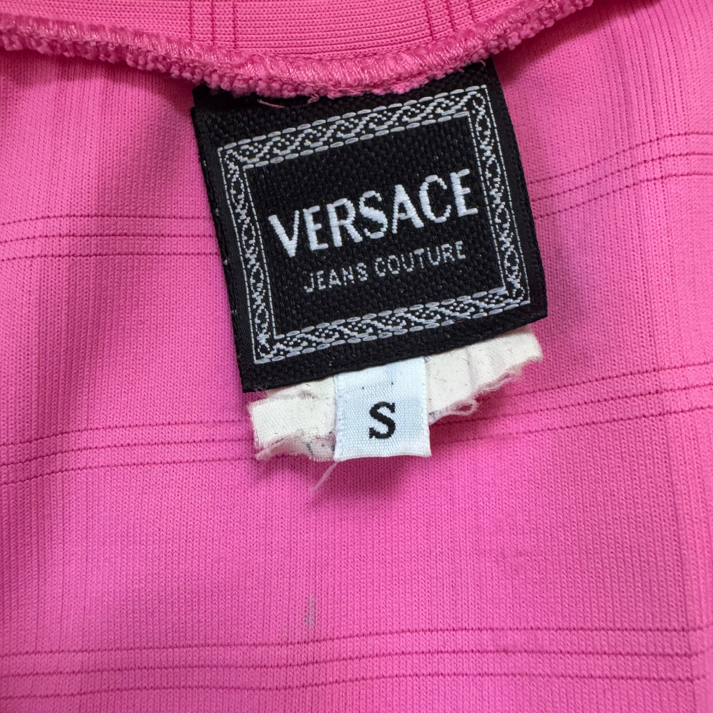 90s VERSACE JEANS COUTURE PINK MEDUSA HEAD RIBBED HALF ZIP TANK S