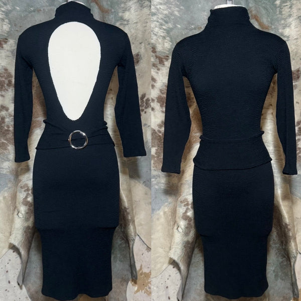 80s / 90s TRIPP NYC DAANG GOODMAN LOW OPEN BACK BLACK 3/4 SLEEVE DRESS