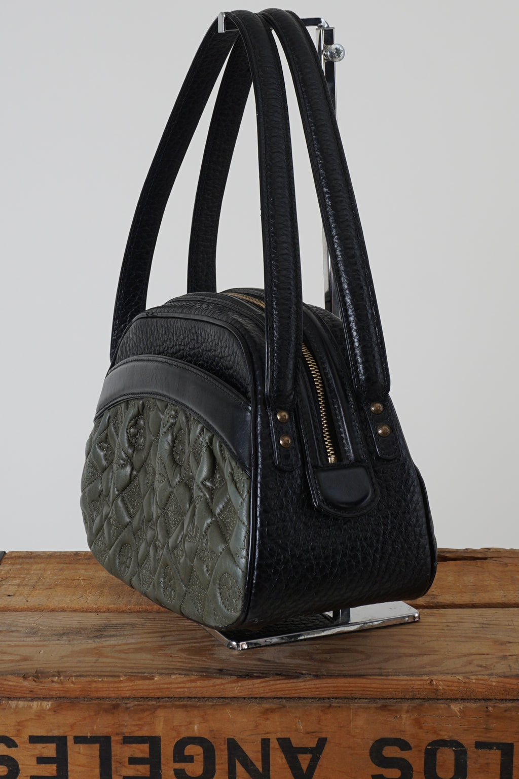 2005 KLARA VIENNA BLACK & OLIVE QUILTED MONOGRAM LAMBSKIN BOWLER HANDBAG