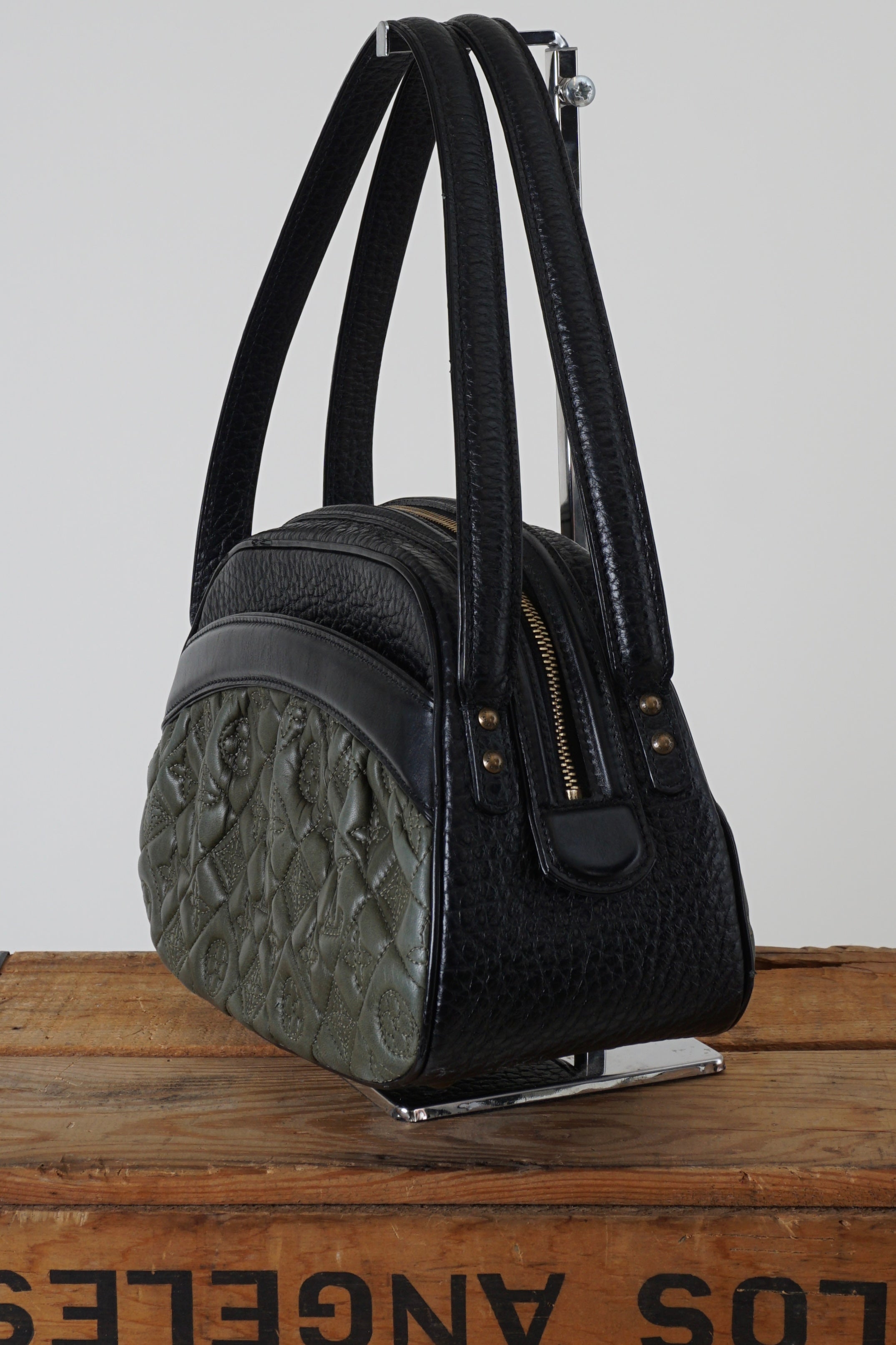 2005 KLARA VIENNA BLACK & OLIVE QUILTED MONOGRAM LAMBSKIN BOWLER HANDBAG