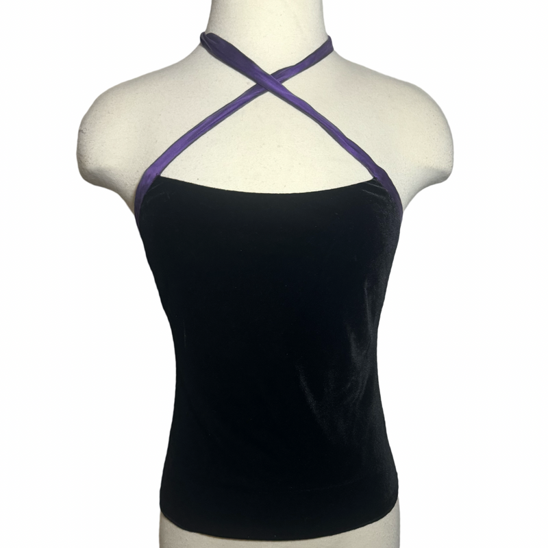 1990s RALPH LAUREN BLACK / PURPLE TIE HALTER TOP