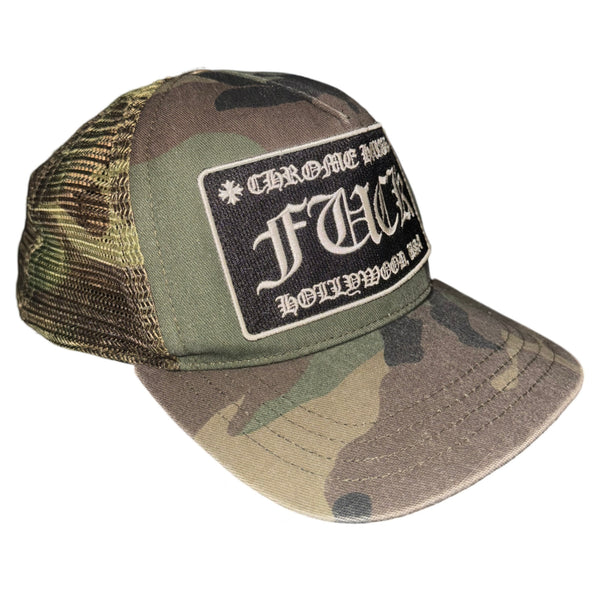 CHROME HEARTS VINTAGE CAMO FUCK HOLLYWOOD USA PATCH TRUCKER HAT