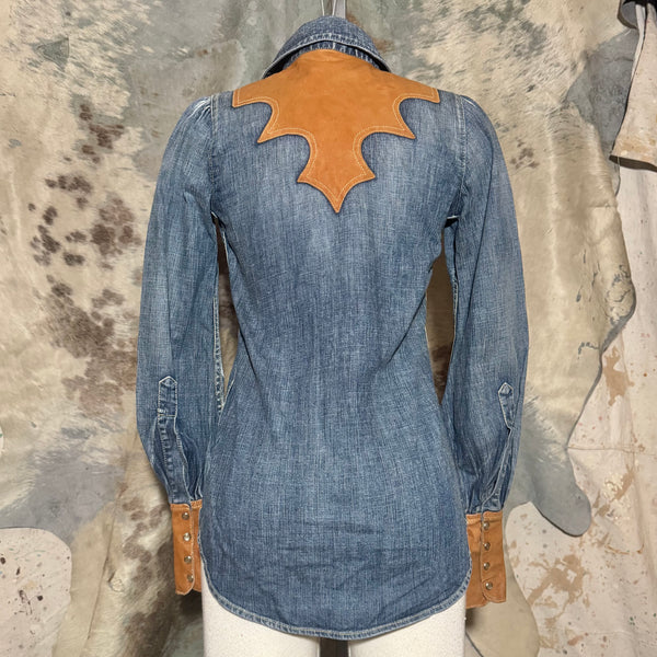 SS 2006 DSQUARED2 WESTERN STYLE DENIM LEATHER COLLARED SHIRT 38