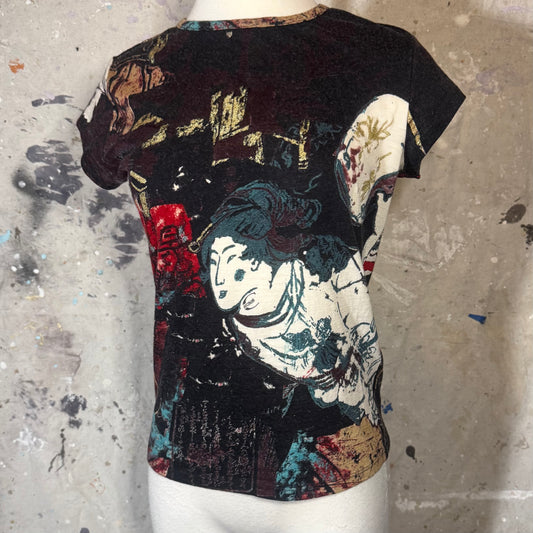 2000s ROBERTO CAVALLI KNIT GEISHA PRINT SHORT SLEEVE TOP