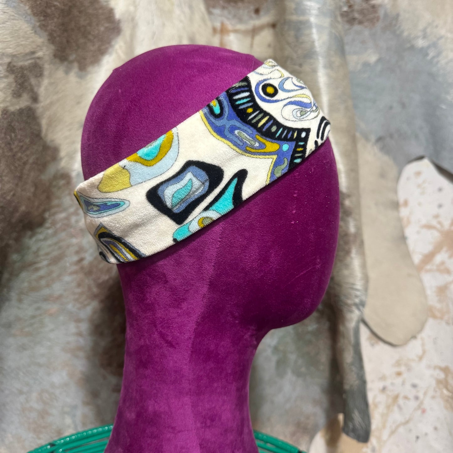 EMILIO PUCCI VELVET BLUE CREAM ALL OVER GEOMETRIC KALEIDOSCOPE PRINTED HEADBAND