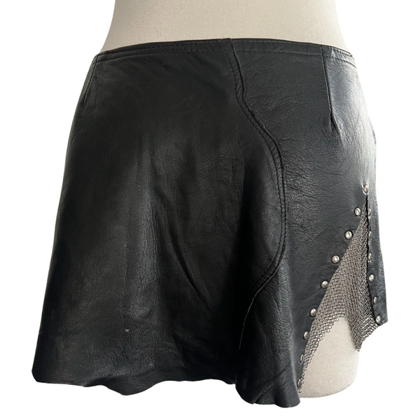 90S BLACK LAMBSKIN LEATHER CHAIN MAIL BUCKLE SKIRT
