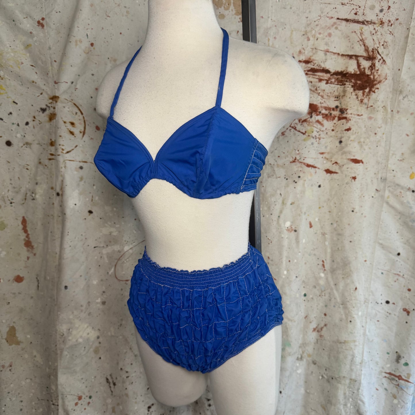 1940s BLUE TWO PIECE RUCHED BIKINI SWIMSUIT