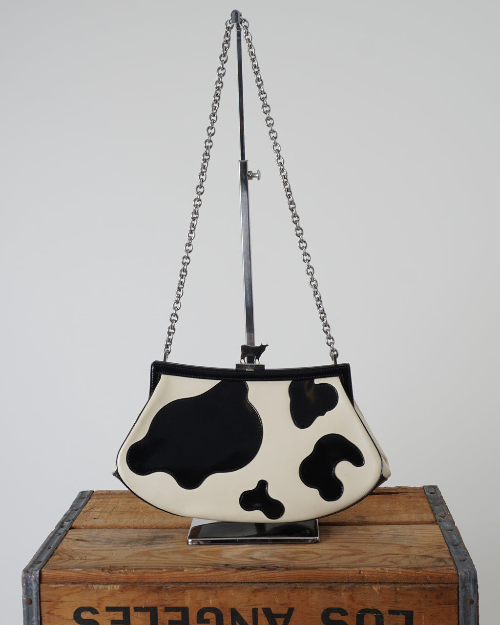 1990s Moschino Leather Kiss lock Cow Printed Bag