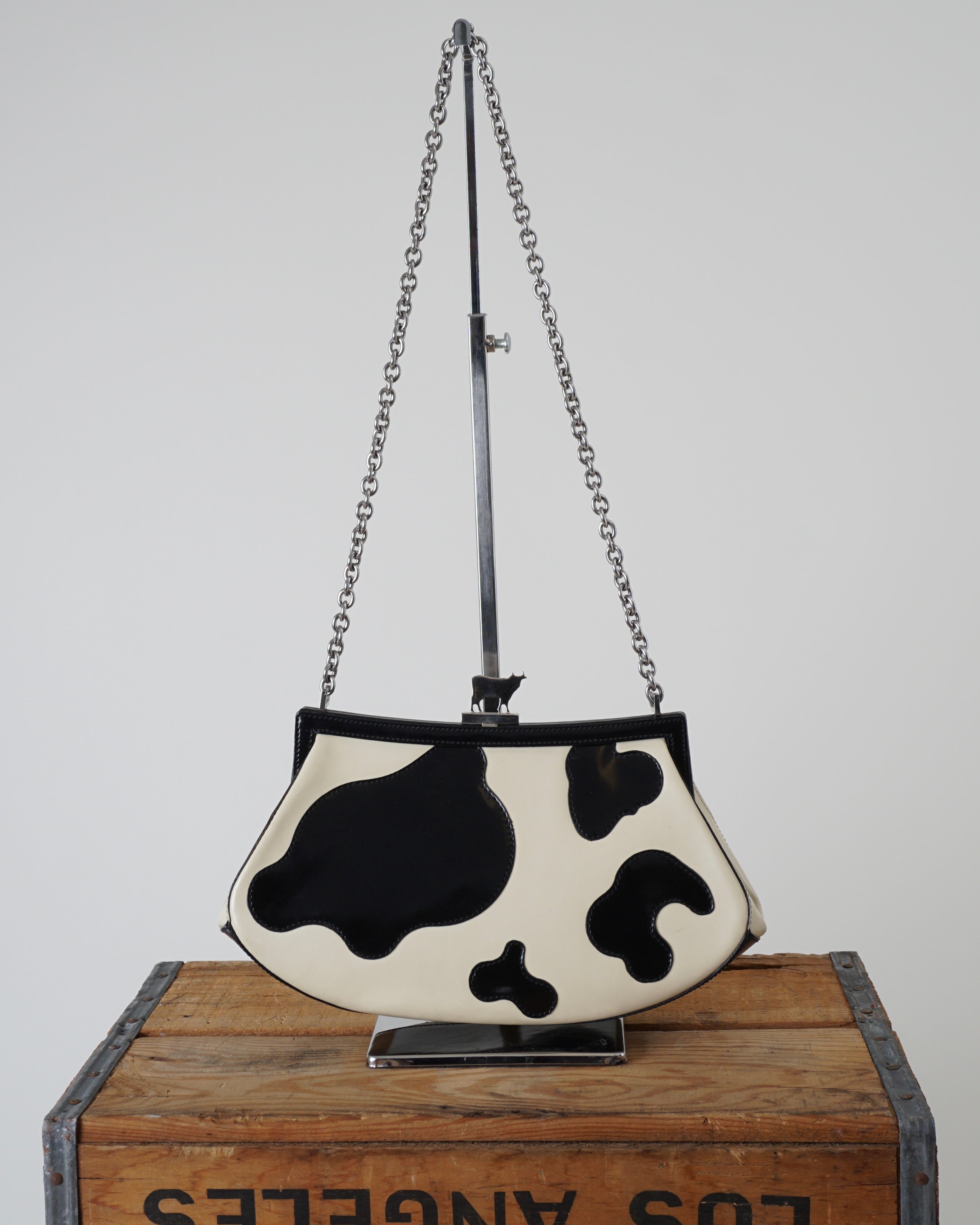 1990s Moschino Leather Kiss lock Cow Printed Bag